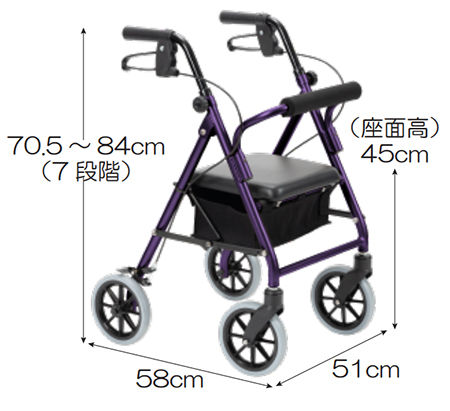 歩行車 ハッピー３ミニ（117092　117093）折りたたみ時自立　竹虎の寸法図