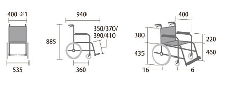サニタリー車椅子 JTN-4スイングアウト仕様 介助用車椅子 シートが交換できるの説明のサイズ