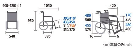 介助用車椅子 エアフィッツ・スタンダード16 AFS-16の説明のサイズ