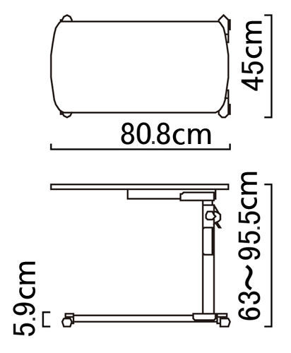 ノブボトル調節式ベッドサイドテーブル KF-282の寸法図